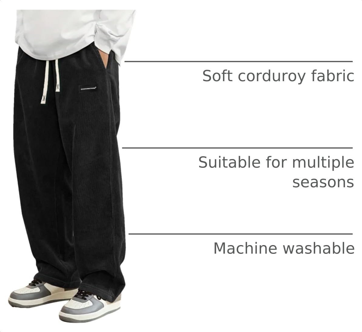 Hidkat Mens Corduroy Casual Pants Straight Sweatpants Black