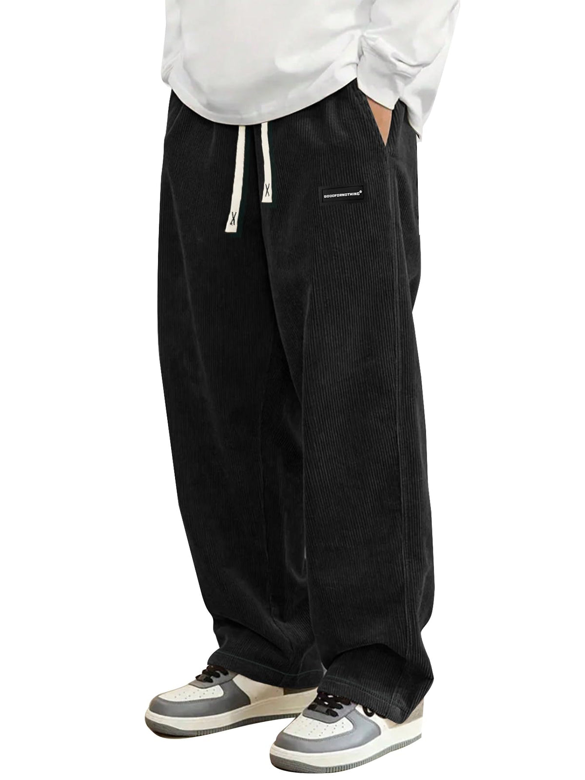 Hidkat Mens Corduroy Casual Pants Straight Sweatpants Black