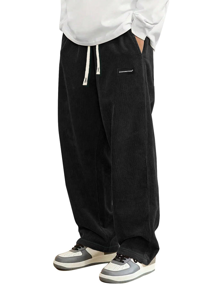 Hidkat Mens Corduroy Casual Pants Straight Sweatpants Black