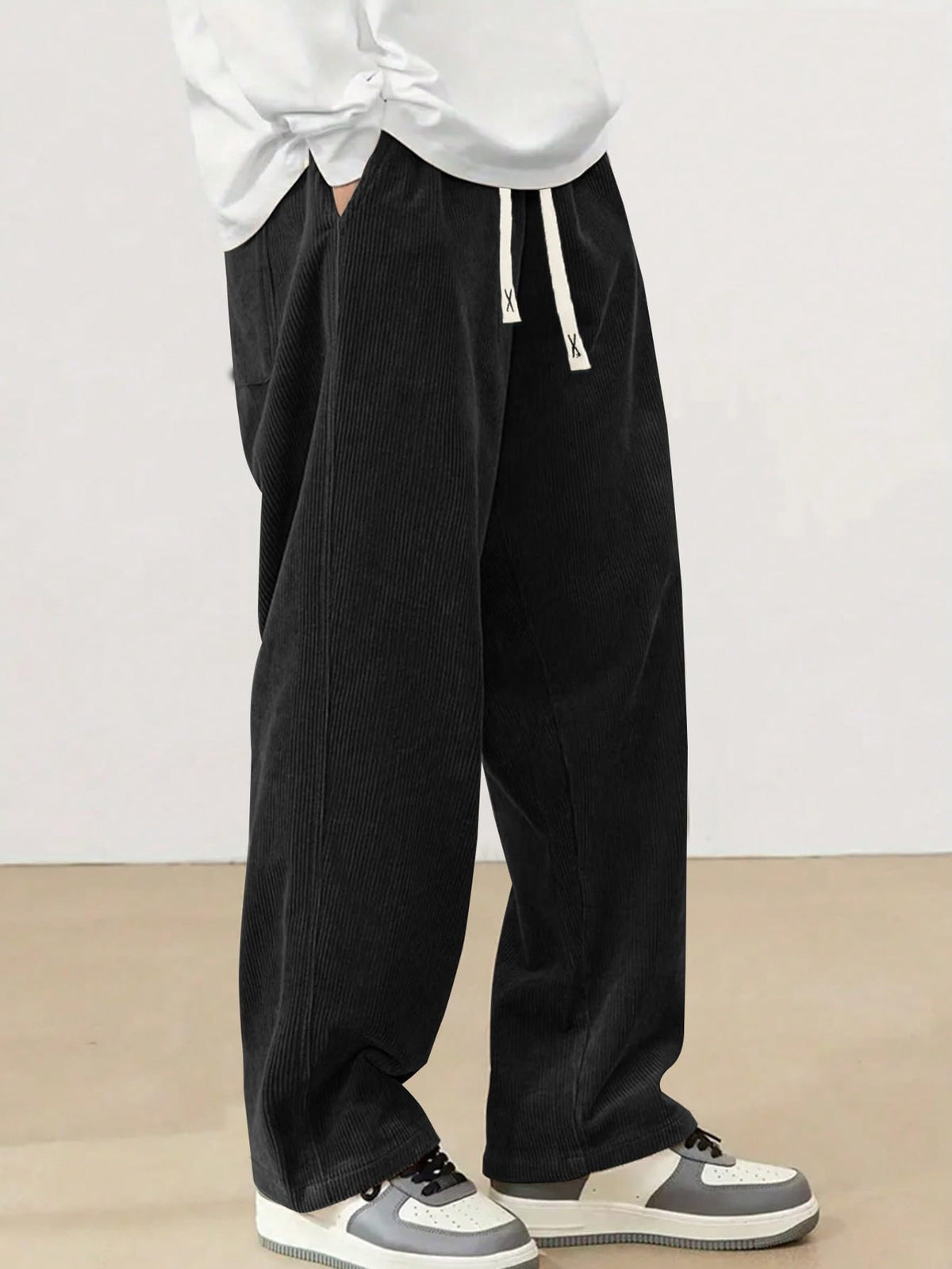 Hidkat Mens Corduroy Casual Pants Straight Sweatpants Black