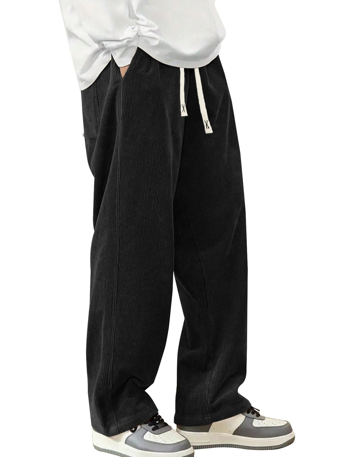 Hidkat Mens Corduroy Casual Pants Straight Sweatpants Black