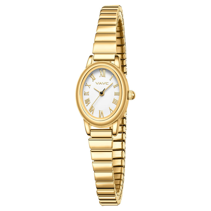VAVC Small Gold Watches for Women,Analog Womens Watch with Stainless Steel Expansion Band,Oval Case Roman Dial,Water Resistant（5.91in-6.7in）