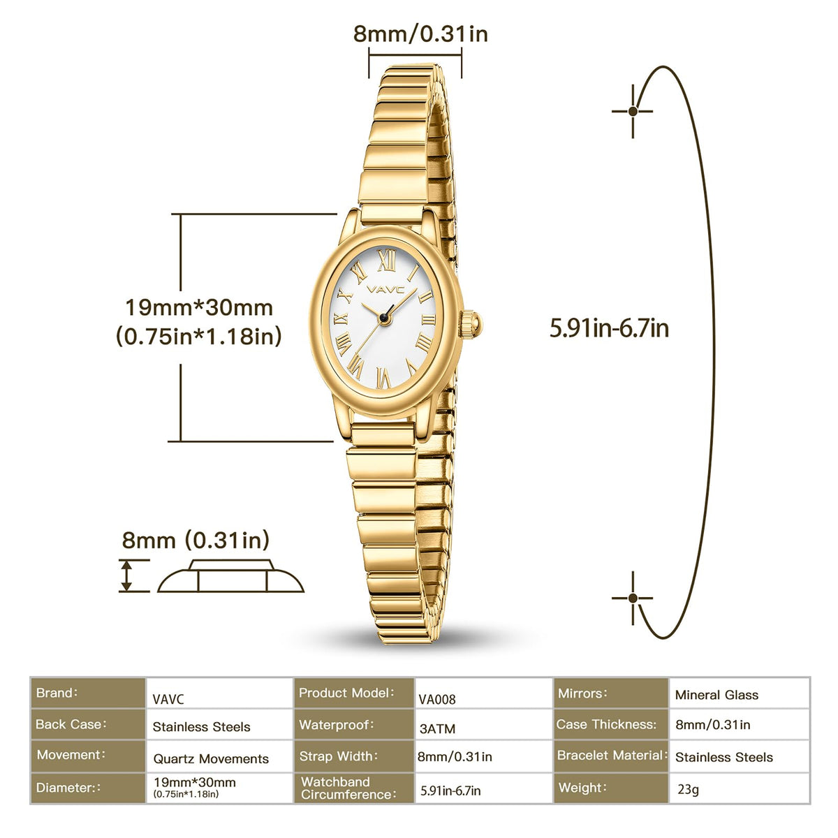 VAVC Small Gold Watches for Women,Analog Womens Watch with Stainless Steel Expansion Band,Oval Case Roman Dial,Water Resistant（5.91in-6.7in）