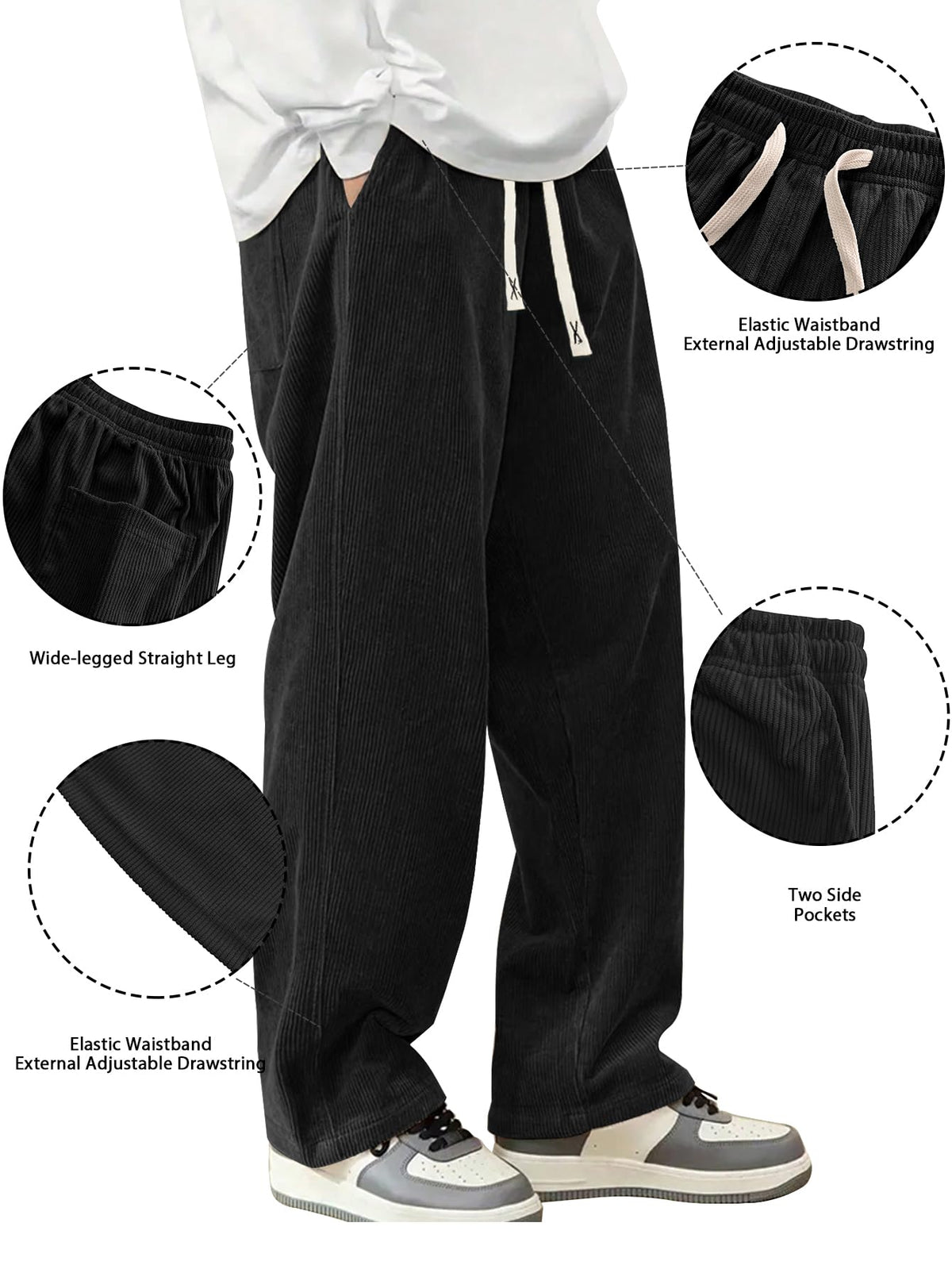Hidkat Mens Corduroy Casual Pants Straight Sweatpants Black