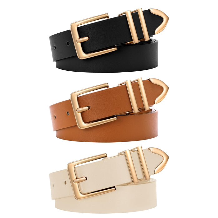 XZQTIVE 3 Pack Women Belts For Jeans Dresses Pants Ladies Leather Waist Belt with Gold Buckle