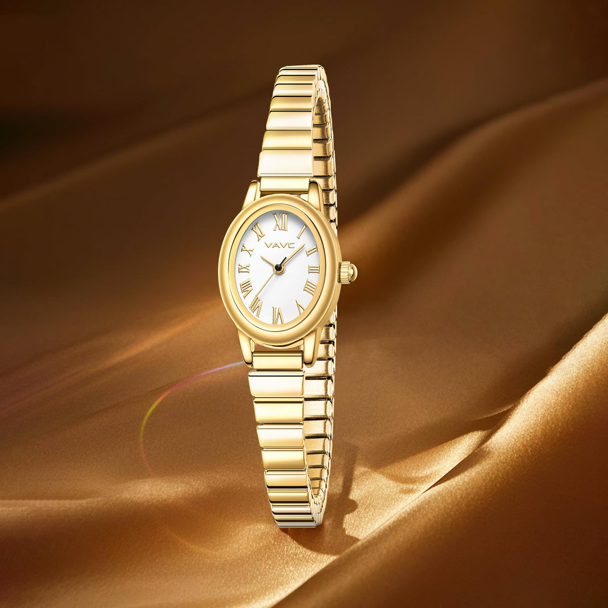 VAVC Small Gold Watches for Women,Analog Womens Watch with Stainless Steel Expansion Band,Oval Case Roman Dial,Water Resistant（5.91in-6.7in）