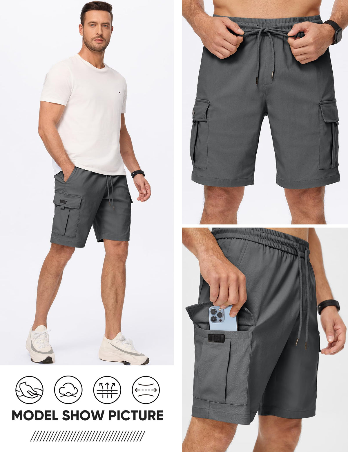 JMIERR Men Classic Black Cargo Shorts, XL, 02 Dark Grey