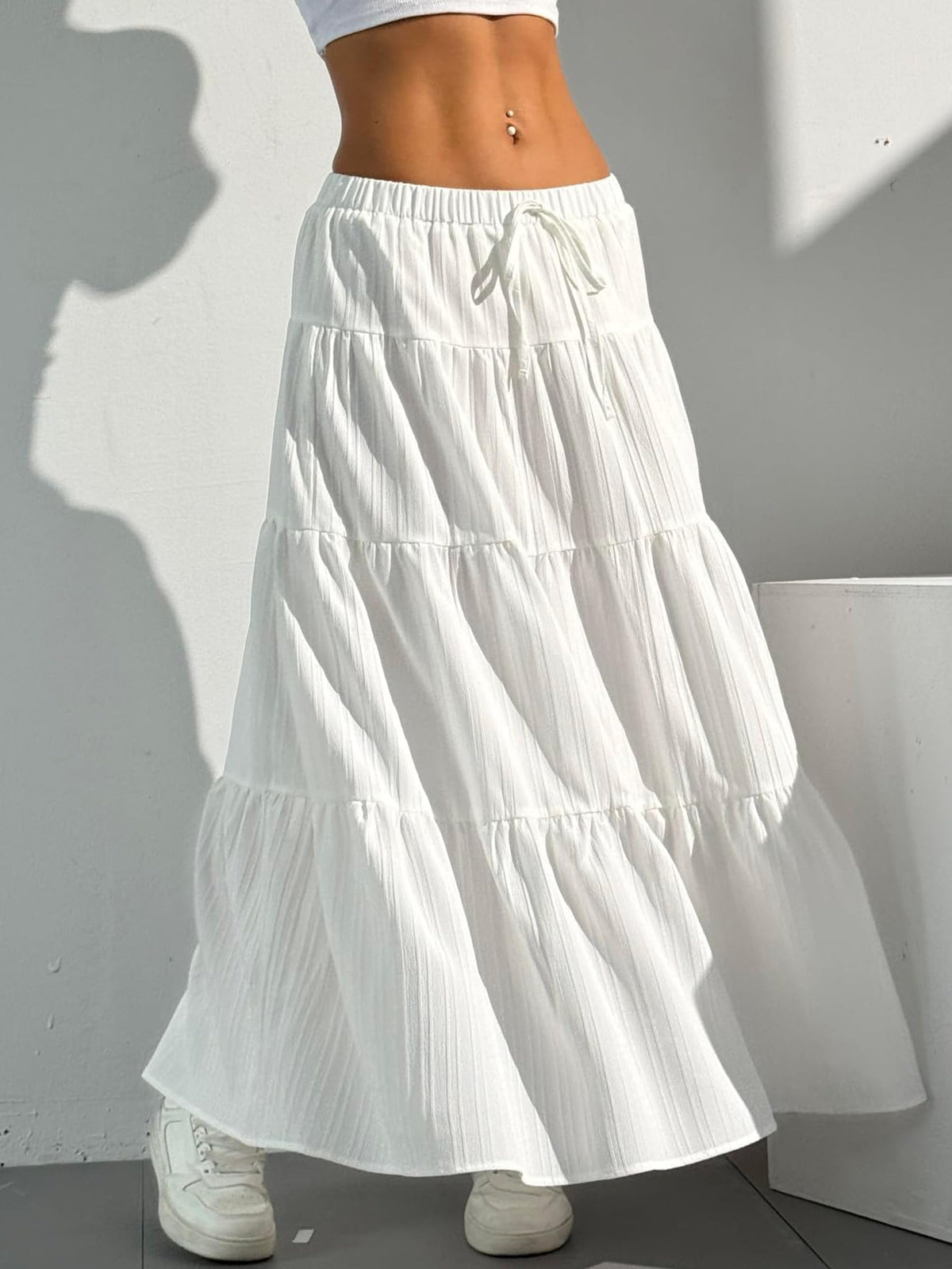 DERAX Women's Boho Flowy White Maxi Skirt Ruffle Elastic Waist Long Skirts