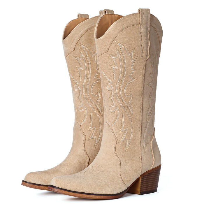IUV Cowboy Boots For Women Western Cowgirl Boots Mid Calf Snip Toe