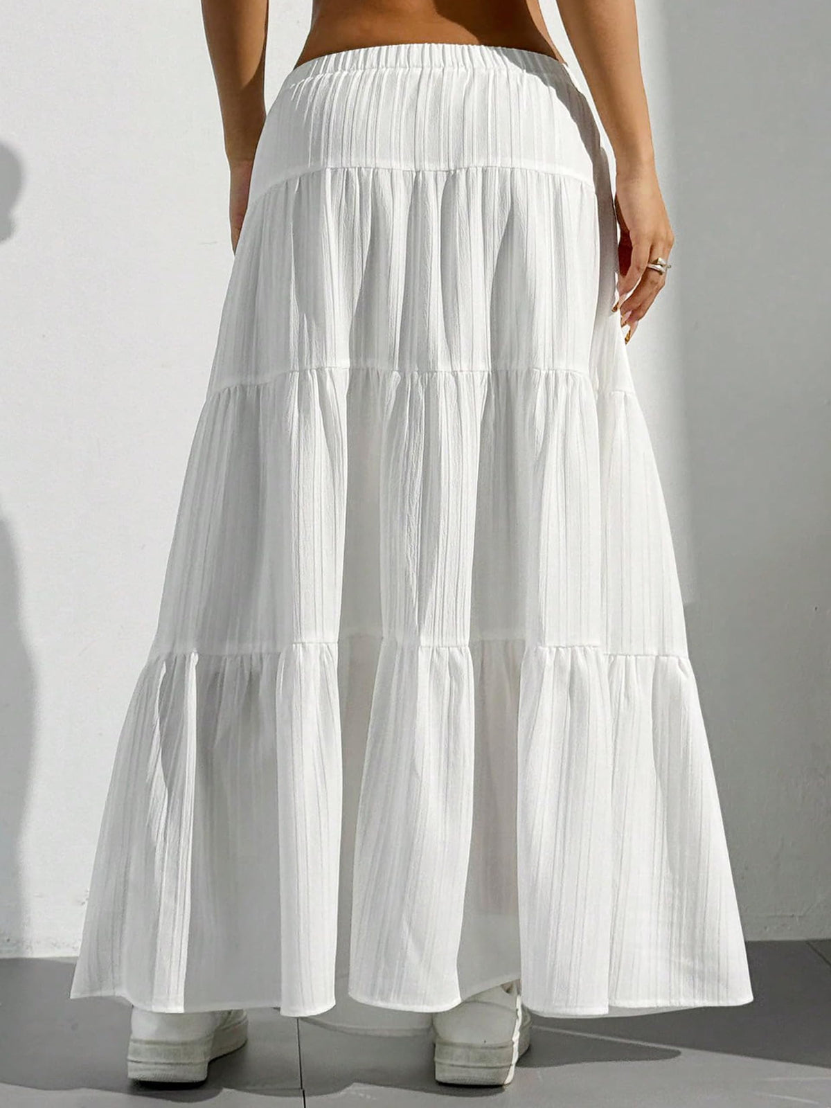 DERAX Women's Boho Flowy White Maxi Skirt Ruffle Elastic Waist Long Skirts