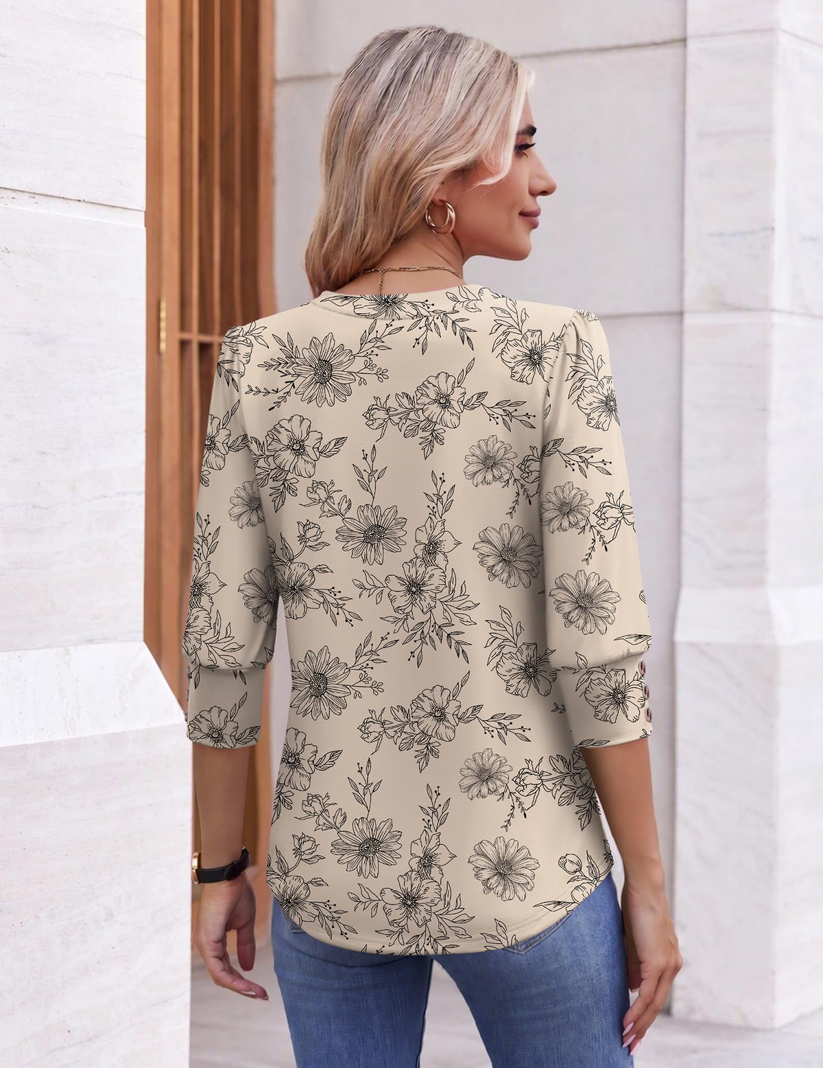 Ekouaer Floral Blouses Women 3/4 Sleeve V Neck T-Shirts Business Work Shirt