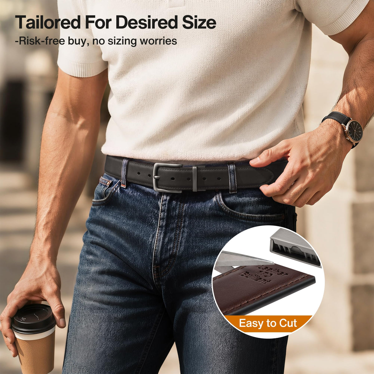 BULLIANT Men's Reversible Leather Belt Trimmable 1.25"-2 IN 1-Gift Boxed