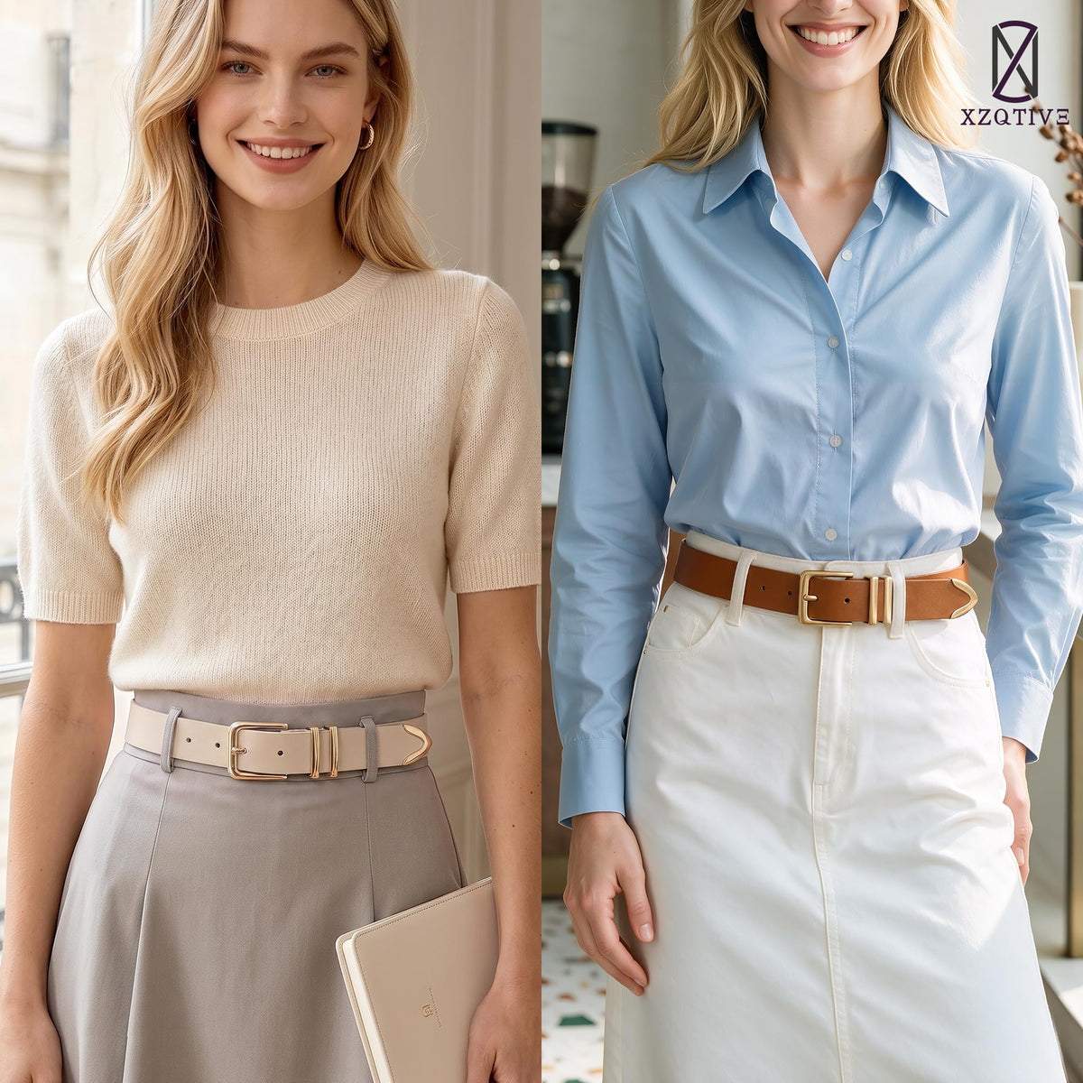 XZQTIVE 3 Pack Women Belts For Jeans Dresses Pants Ladies Leather Waist Belt with Gold Buckle