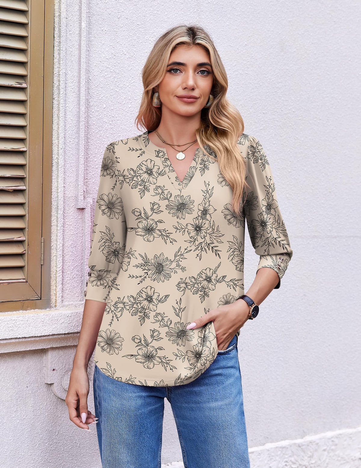 Ekouaer Floral Blouses Women 3/4 Sleeve V Neck T-Shirts Business Work Shirt